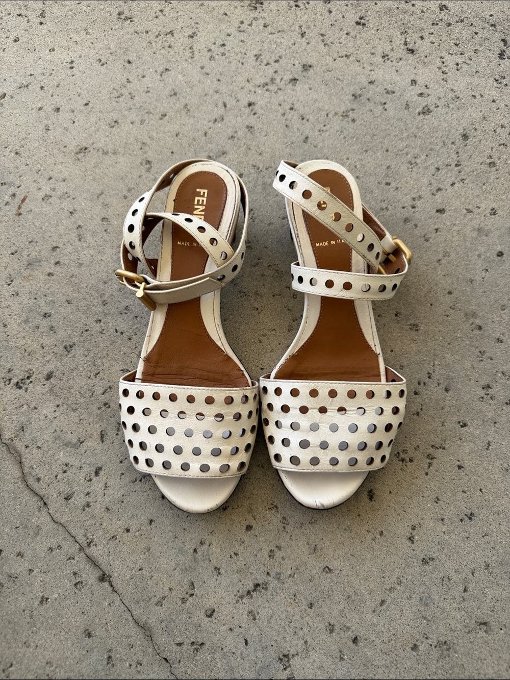 Fendi White Leather Ankle-Strap Sandals with Gold Buckle